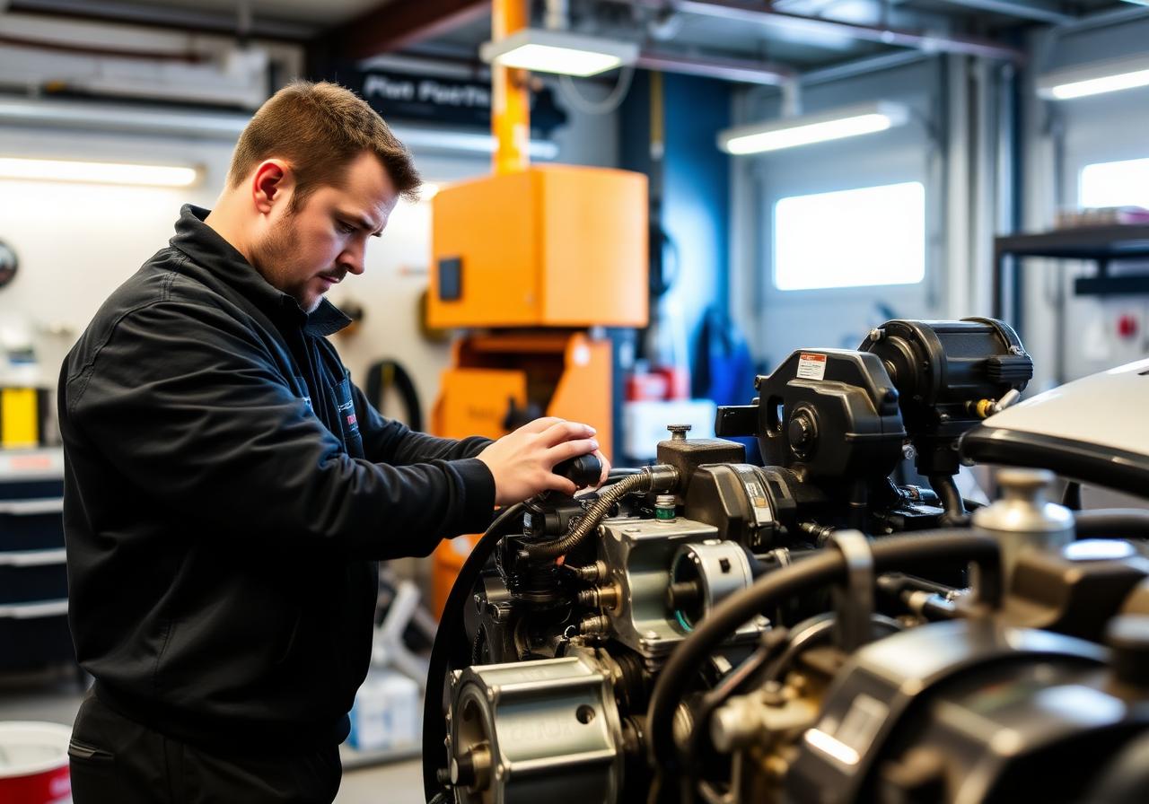Mekaniker arbetar med båtmotor i Båthusets verkstad